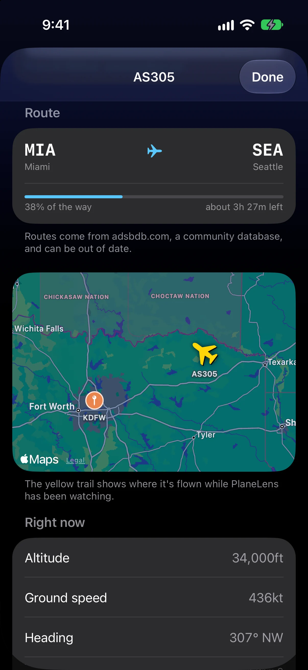 Flight details for AS305: Miami to Seattle, 38% of the way, about 3 hours 27 minutes left, with a map of the plane near Dallas